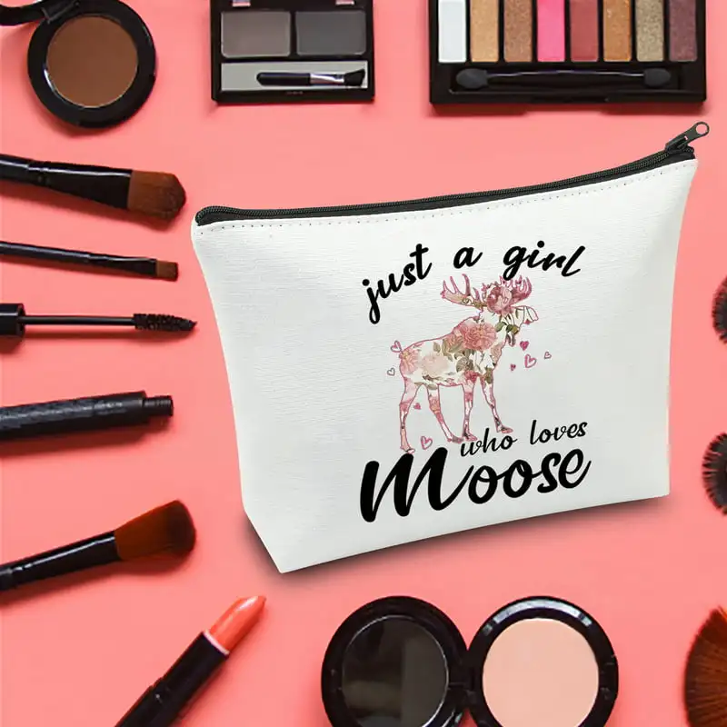 Funny Animal Lover Makeup Zipper Pouch Bag Gift For Women Girls - Just A Girl Who Loves Moose Make Up Cosmetic Bag For Moose Lov