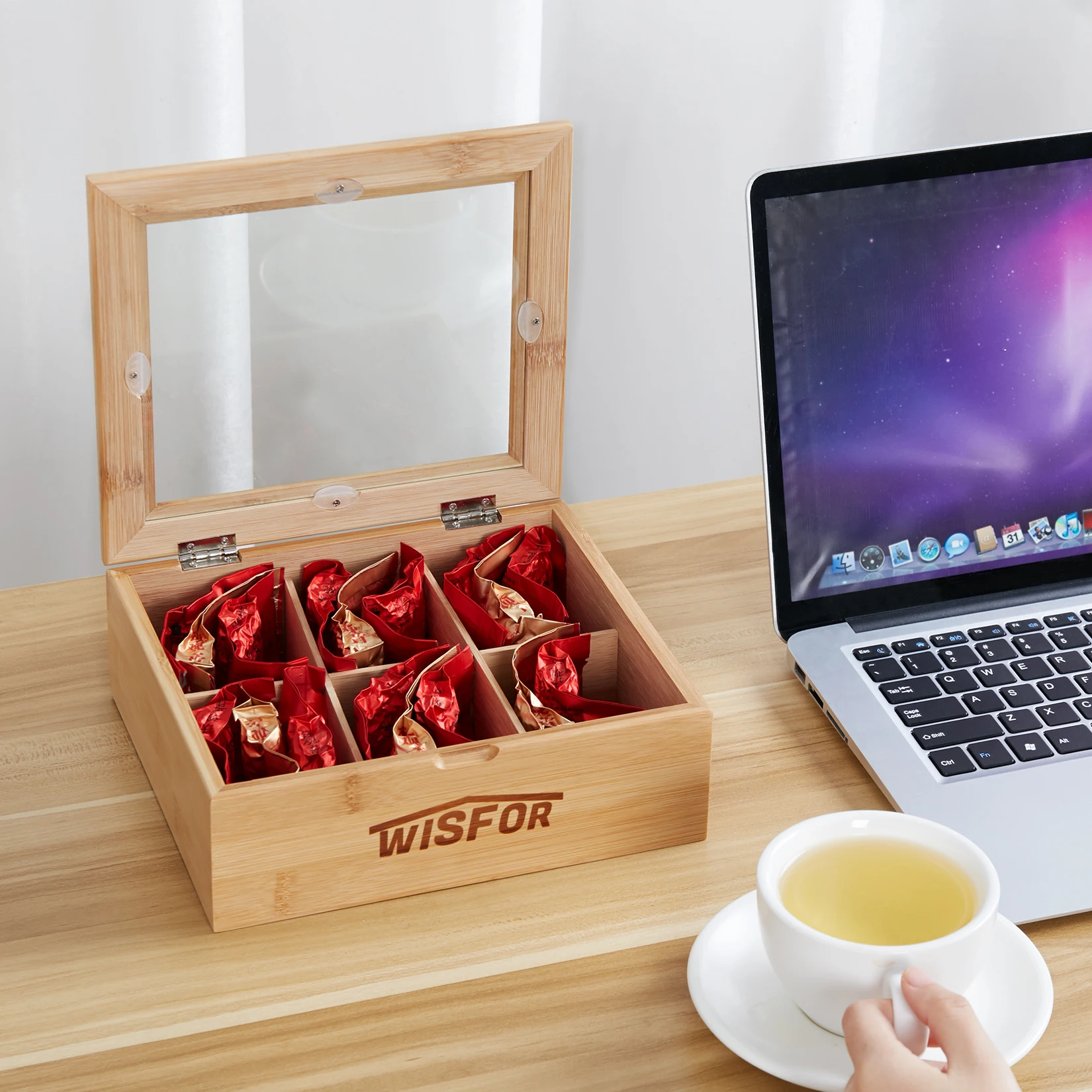 

Bamboo Tea Box Tea Bags Organizer Tea Storage Wood with 6 Compartments,Clear Lid Window for Tea Bags,Packets, Coffee, Sugar