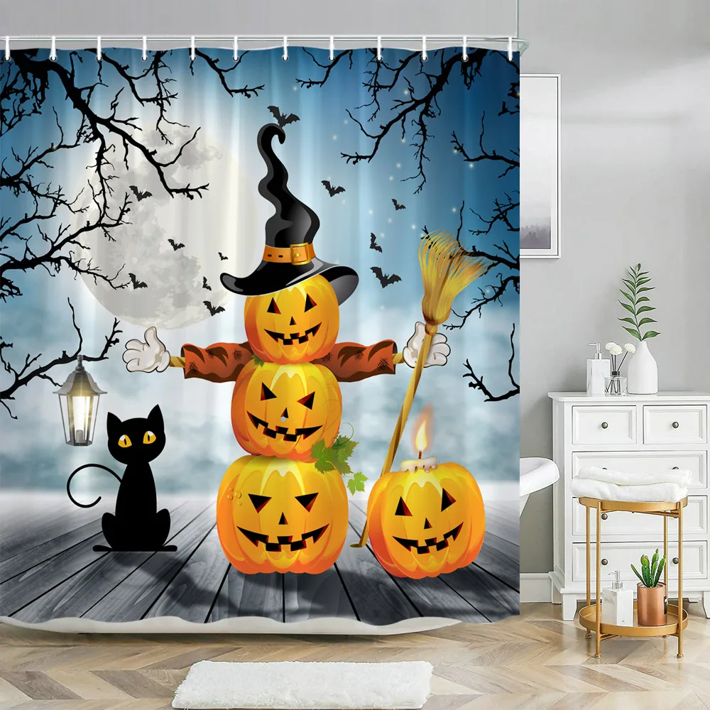 

Halloween Pumpkin Bathroom Curtains Cartoon Cute Funny Magic Hat Ghost Broom Bathroom Curtains Party Decor Shower Curtain Fabric