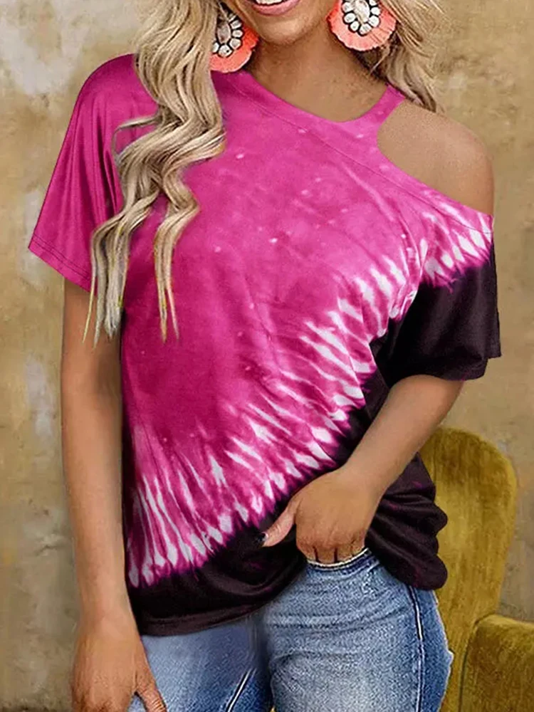 

T-shirts Women Off Shoulder Tie Dye Short Sleeve Top Diagonal collar Vintage Casual Loose Streetwear Style Tee Shirts Fashion