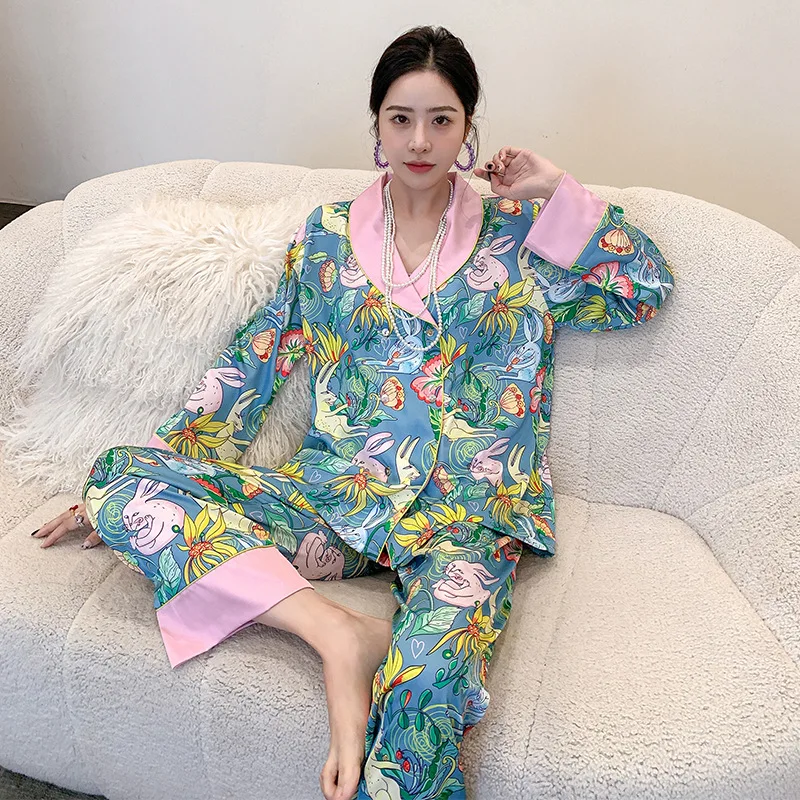 Thin Satin Pajamas Female New Home Clothes Cardigan Suit Loungewear Women Pyjamas Women Sexy Sleepwear