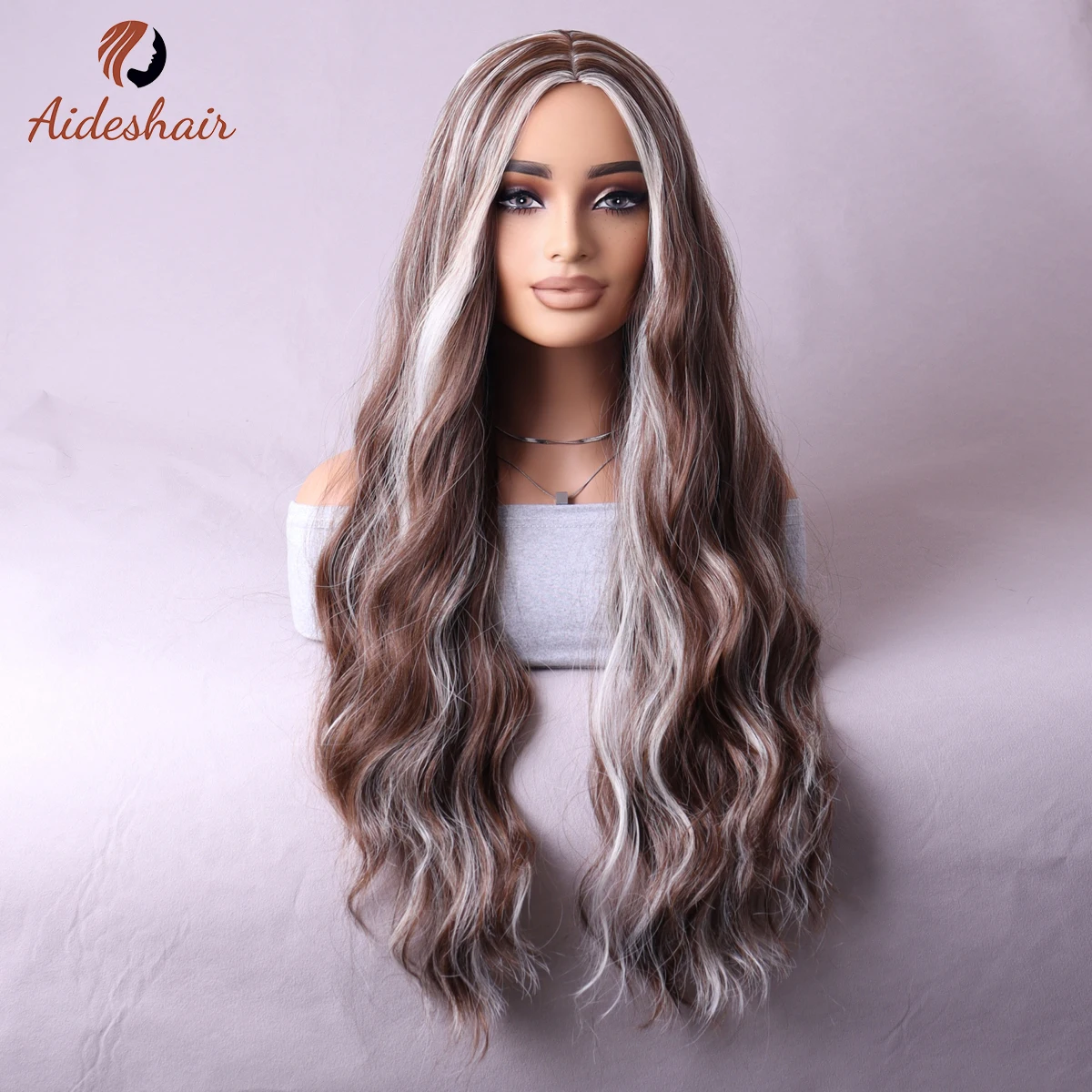 Aideshair Смешанный Коричневый Длинный Волнистый Синтетический Парик Натуральные