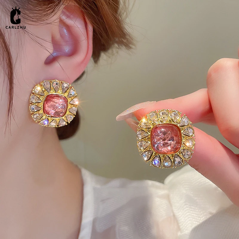 

Luxury Rhinestone Resin Square Stud Earrings for Women European and American Retro Fashion High-end Party Jewelry
