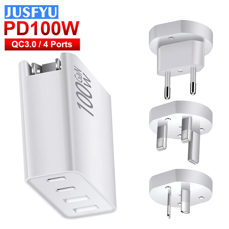 100W Gan Quick Charger 4Ports 100W+30W Dual PD QC3.0 Wall Charger EU US UK AU Plugs For iPhone 12 13 14 Pro Max Samsung Tablet