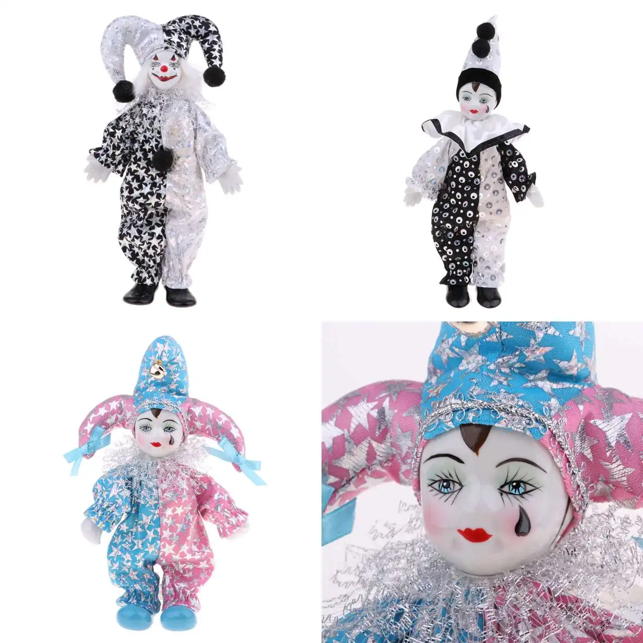 9 Inch Porcelain Smiling Clown Doll Wearing  Outfits Funny Harlequin Doll Circus Props Halloween Christmas Decoration Kids Gifts