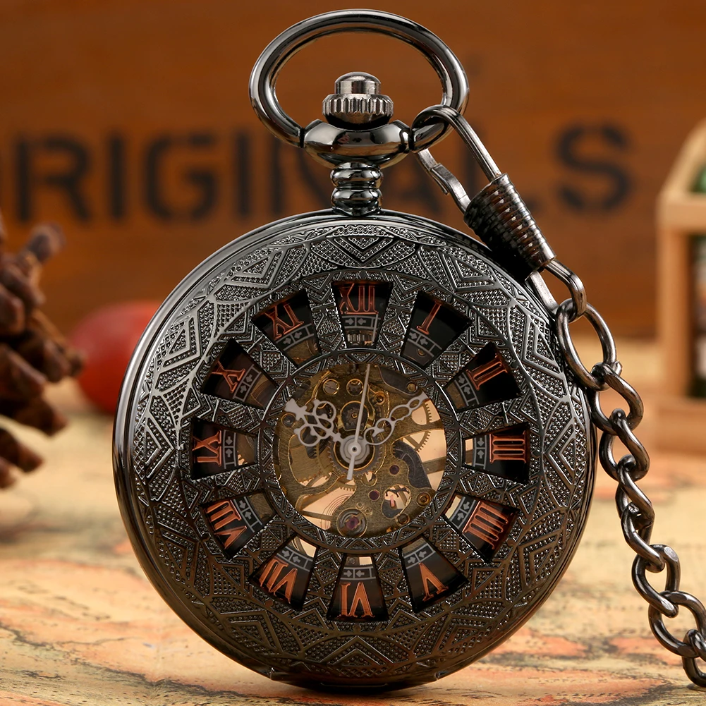 Black Hollow Hub Pattern Mechanical Pocket Watch Rose Gold Roman Numerals Display Luxury Vintage Fob Chain Pendant Antique Clock