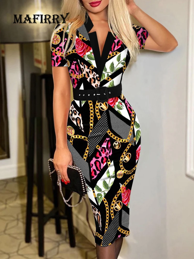

V Neck Dresses Elegant For Women 2022 Vintage Printed Bodycon Office Lady Dress Summer Short Sleeve Slim Fit Midi Dress Vestidos