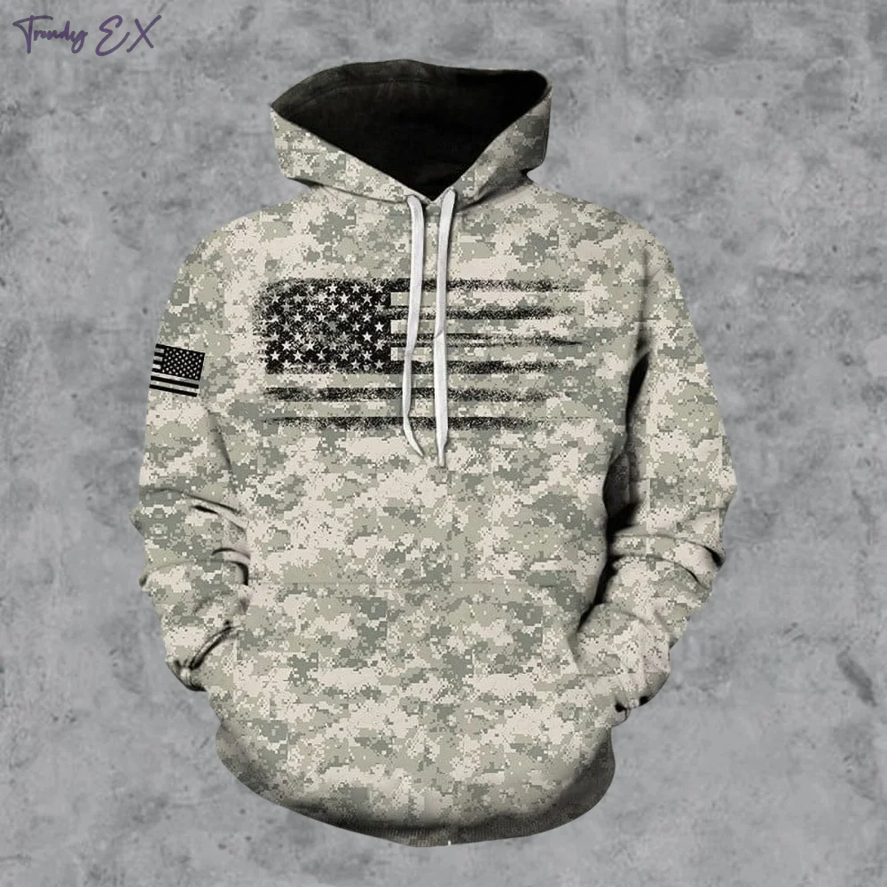 Vintage Flag Print Men's Sweatshirt Casual Streetwear Drawstring Raphic Hoodies Spring Fall Long Sleeve Hooded Man