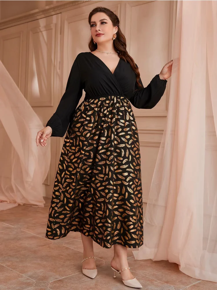 High-waisted temperament commuting long skirt pullover gilded print sexy V-neck dress for women plus size women clothing