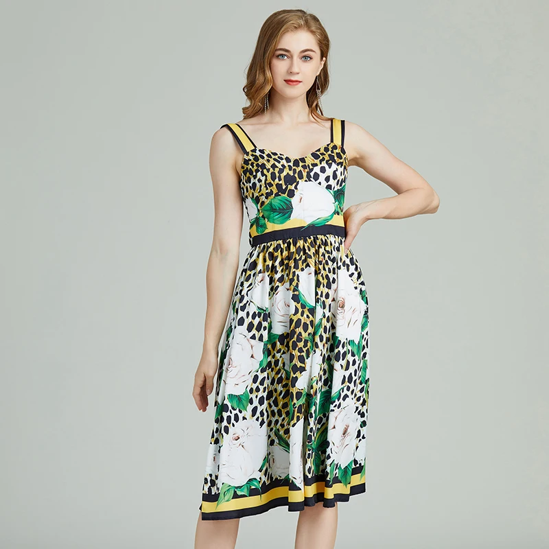 

Bohemia Summer Fashion Vintage Leopard Flower Print Dresses Women's Runway Spaghetti Strap Backless High Waist Midi Party Dress