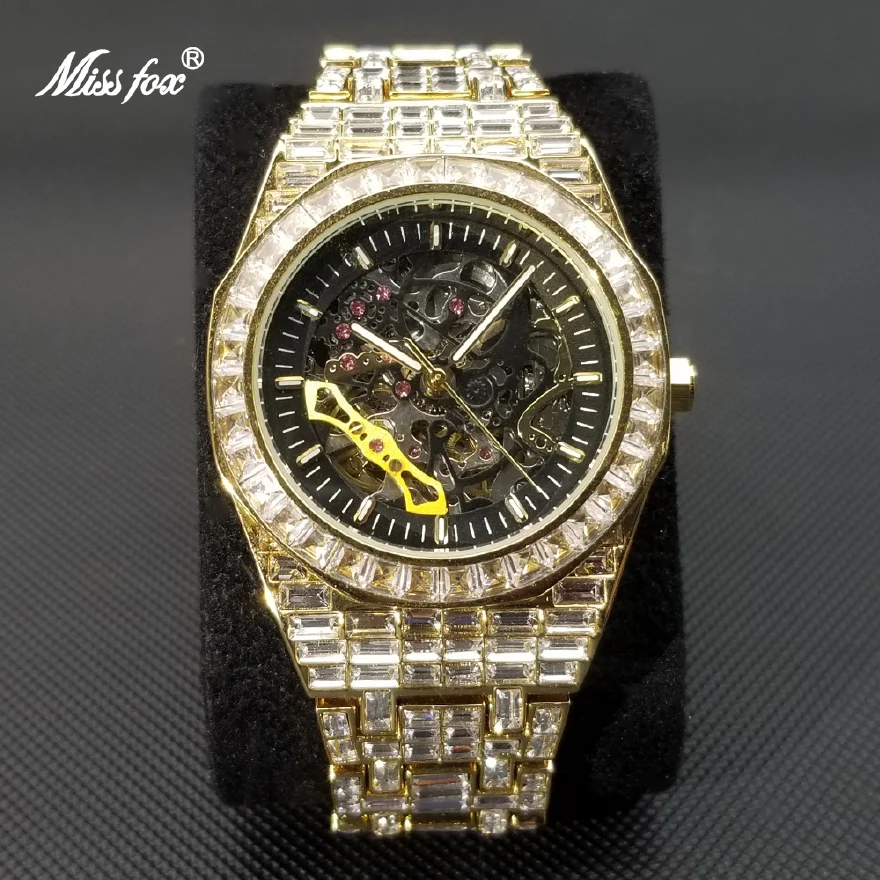 

MISSFOX Ice Out Mechanical Watches For Men Luxury Gold Fully Diamond Automatic Watch Hip Hop Hollow Dial Tourbillon Wristwatch