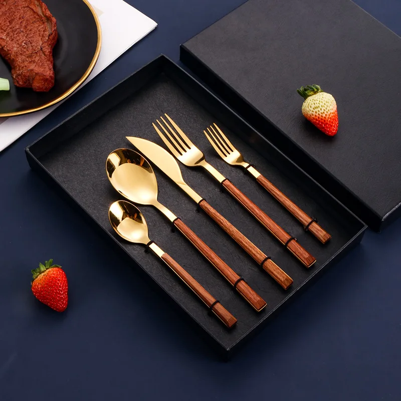 

5PCS Knife Fork Spoon Set Steak Western Food Shiny Simple Stainless Steel Bamboo Handle Home Tableware