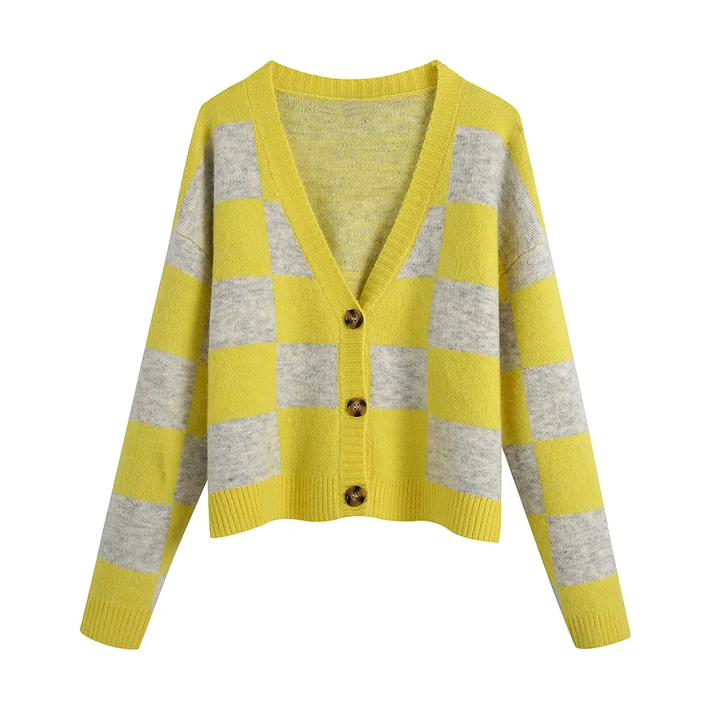 

Winter Sweater Women 2022 Fashion V Neck Long Sleeve Check Knitted Cardigan Single Breasted Casual Oversized Cardigans Sweaters