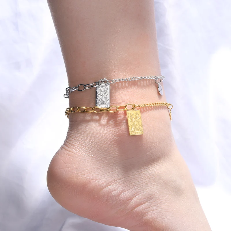 

12 Constellation Anklets For Women Fashion Engraved Constellation Nameplate Pendant Bracelet Anklet Stainless Steel Cuban Chain