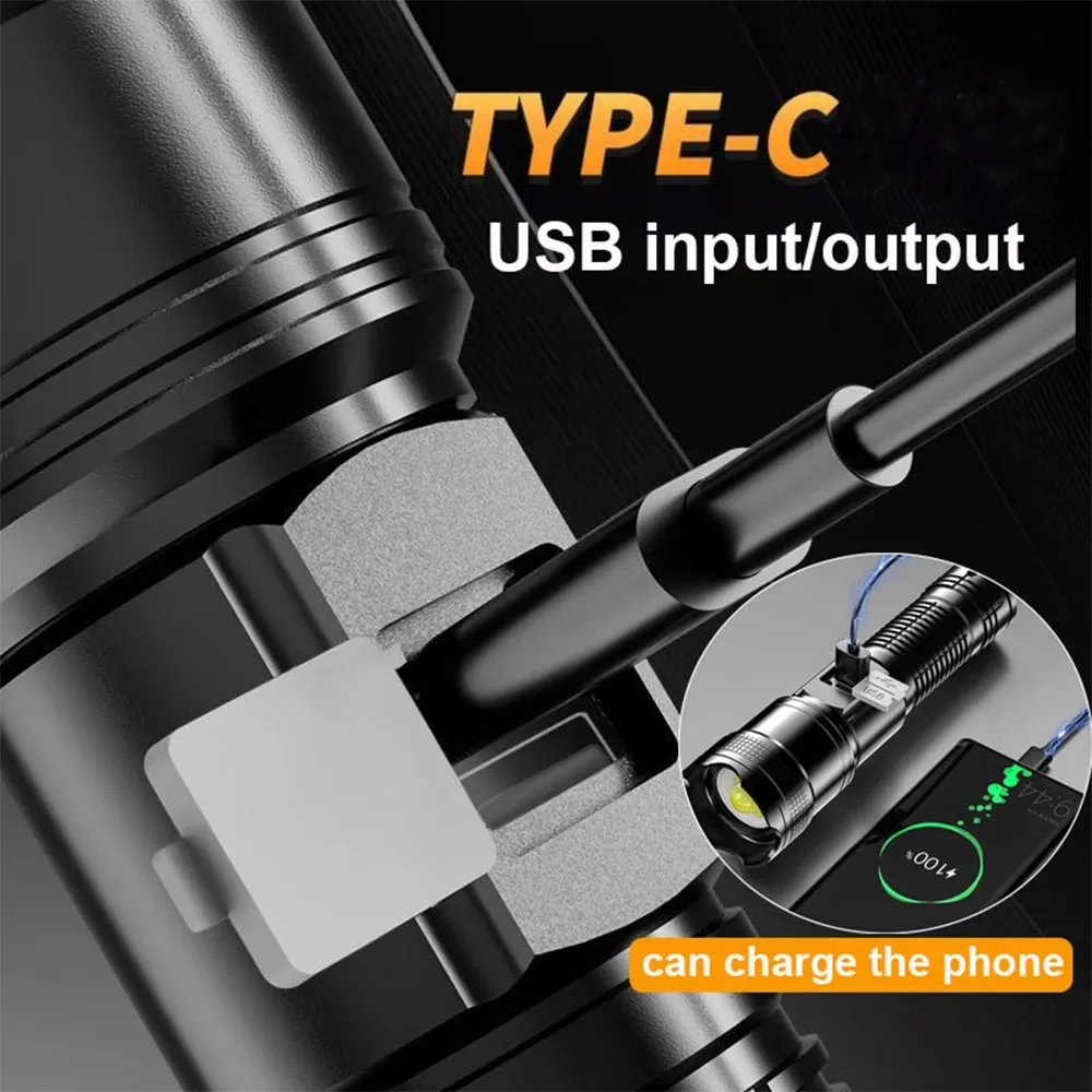Фото Мощные светодиодные фонари 180000 лм, тактический фонарь с дисплеем, USB-зарядка, для кемпинга, рыбалки, экстренных ситуаций, с зумом №4