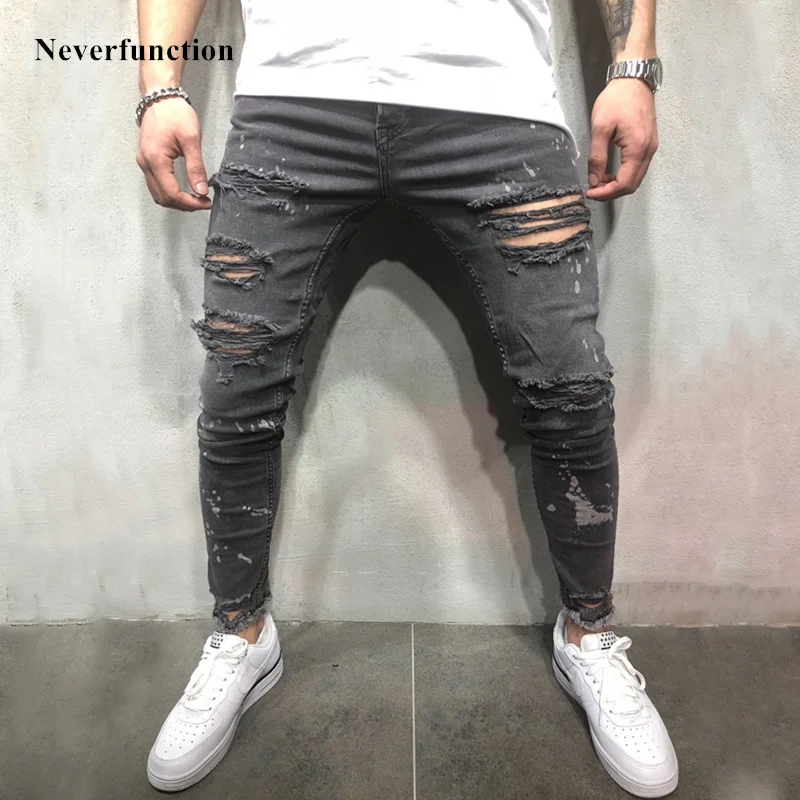 

Men Splashing ink streetwear Vintage gray Ripped Skinny Jeans Hip hop Motorcycle Destroyed Slim Fit Holes Men biker Denim Pants