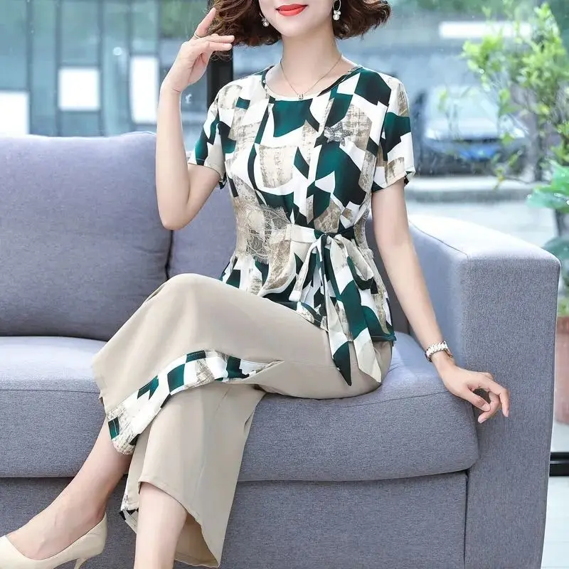 

Casual Suit Women's Chiffon Clothing Summer New Blouses Korean Short Sleeve Top and Wide Leg Pants Fashion Two Piece Set E95