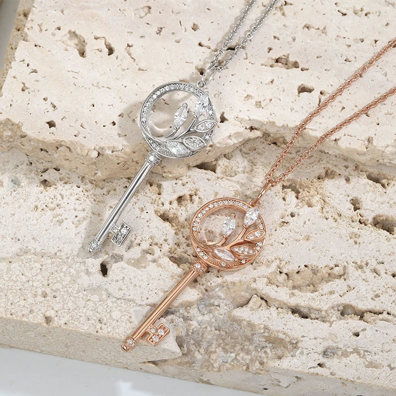 

925 Sterling Silver Key Necklace with Zircon Pendant High Quality Gifts Women's Accessories Hypoallergenic