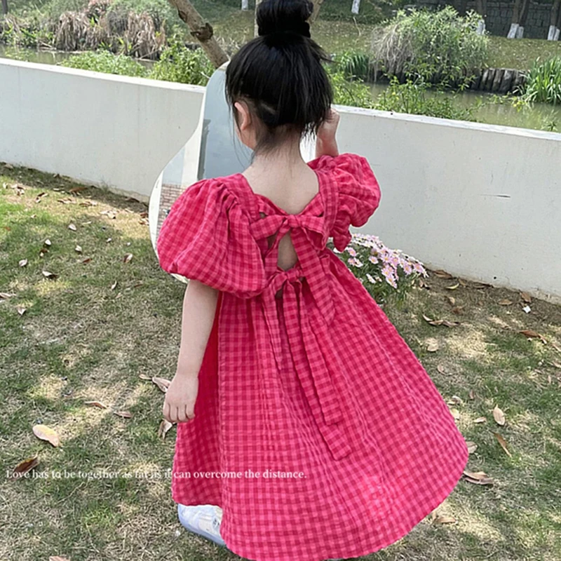 

Red Plaid Princess Dress for Girls Summer Party Dresses Kids Puff Sleeve Cute Bow Backless Vestidos 1-6Y Children Sweet Clothing