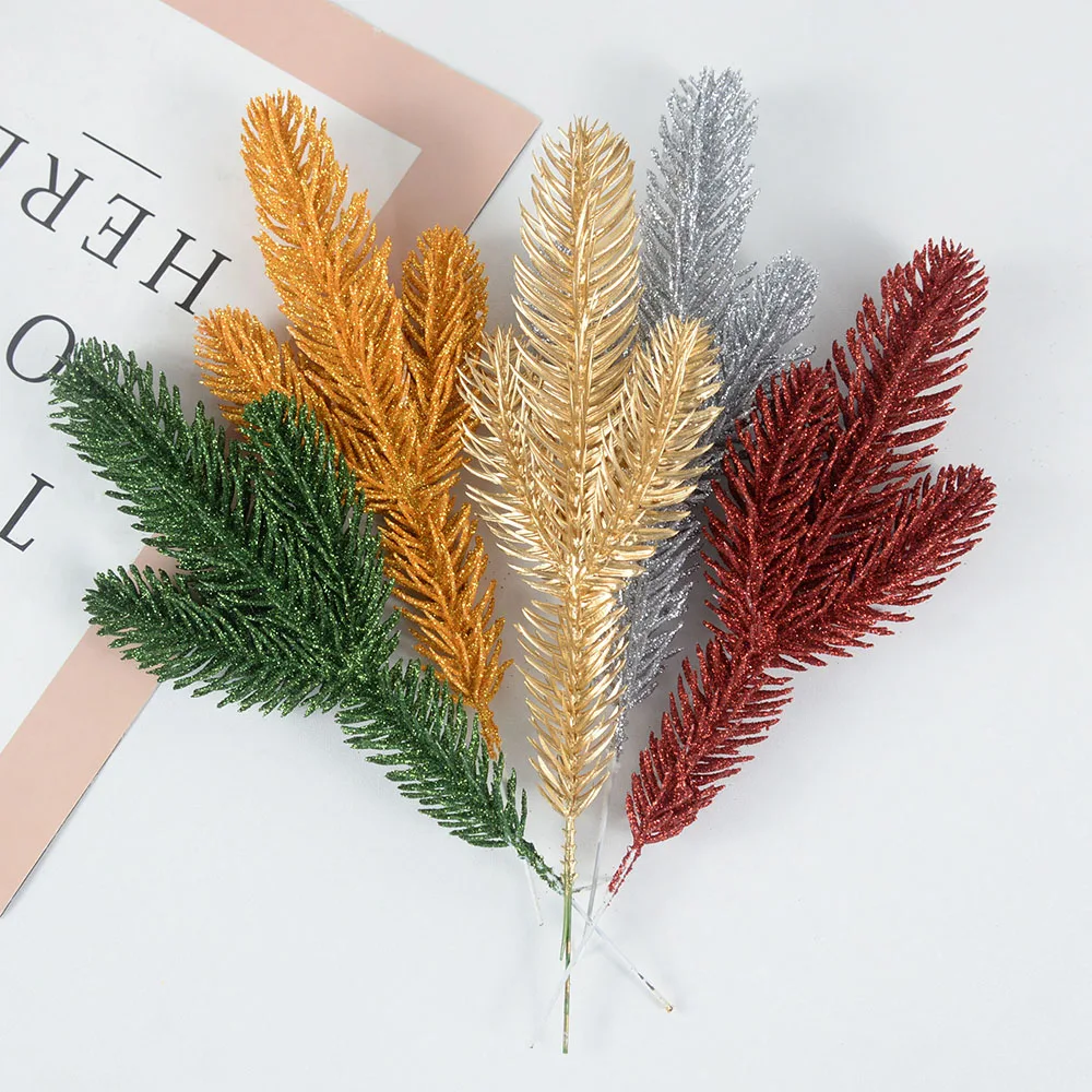 

5pcs Christmas Three Prong Simulation Glitter Pine Branches For Christmas Tree Wreath Decorations Xmas Gift Ornaments Supplies