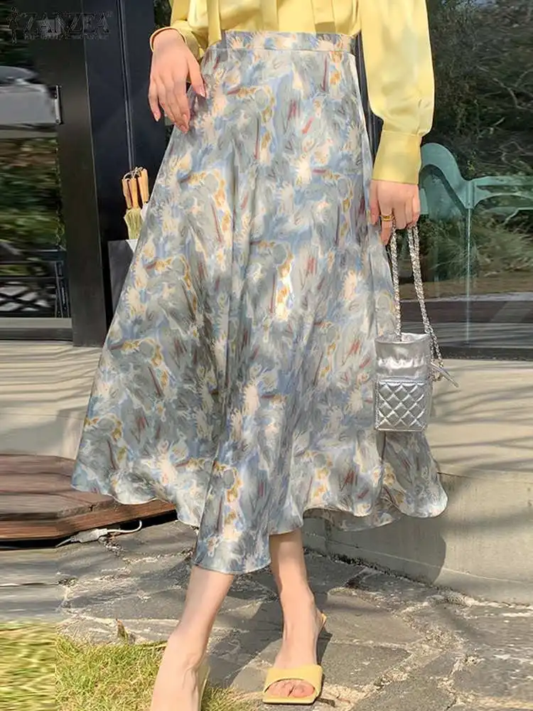 

ZANZEA 2023 Summer Elegant Faldas A-line Side Zipper Beach Skirt Printed Casual Long Jupes Holiday Fashion High Waist Maxi Skirt