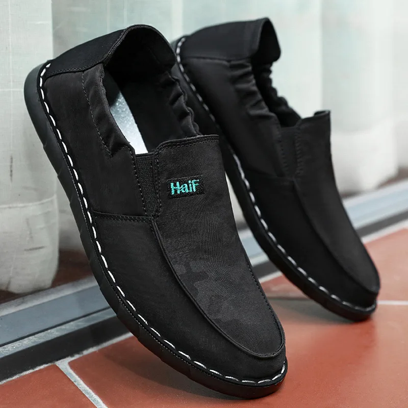 

New Camouflage Men Fisherman Shoes Letter Embroidery Umbrella Cloth Flat Shoes Elastic Band Slip on Shoe Soft Sole Leisure Shoe
