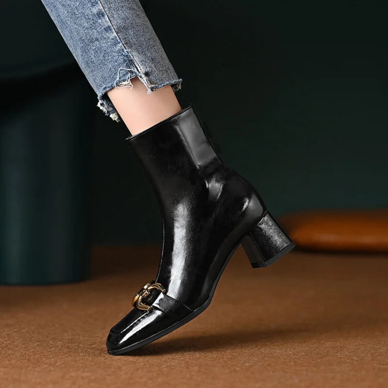 Leather All-match Chelsea Ankle Boots Women 2023 New Single Boots Thick Heel Square Head Horse Buckle Boots Women 22-56
