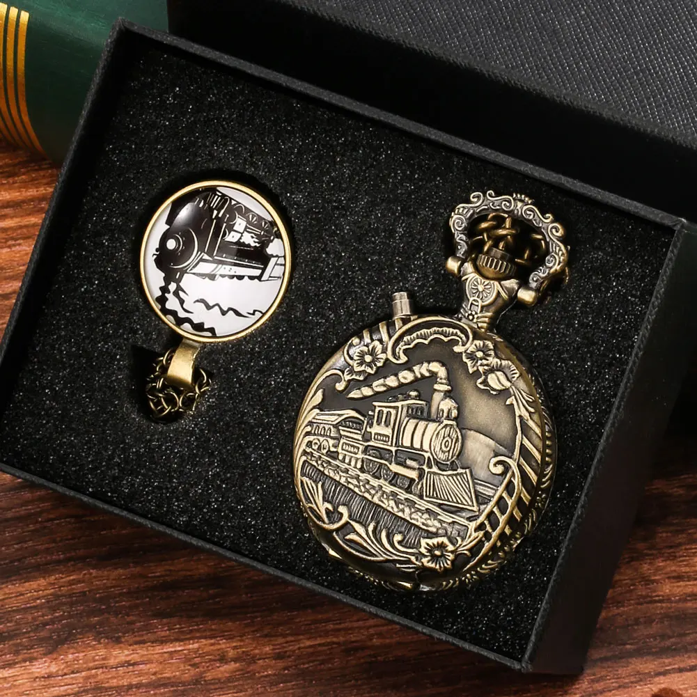 Retro Bronze Quartz Pocket Watch Necklace Gift Set Luxury Luminous LED Pocket Watch Steampunk Train Locomotive Engine Fob Watch