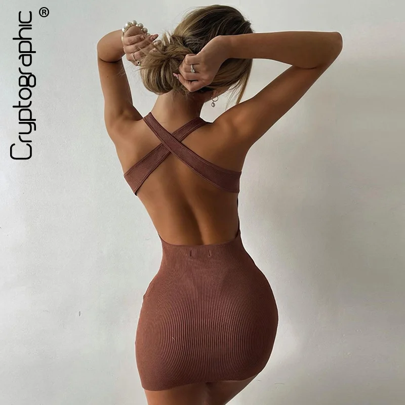 

Женское облегающее мини-платье Cryptographic, модное пикантное платье в рубчик, без рукавов, с открытой спиной, элегантное Клубное однотонное платье-футляр, 2019