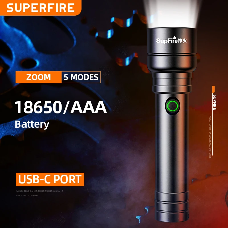 

SUPERFIRE C20-G Zoom 7W Powerful Flashlight 5 Modes 18650/AAA Battery. USB-C Rechargeable Tactical Torch For Camping Fishing