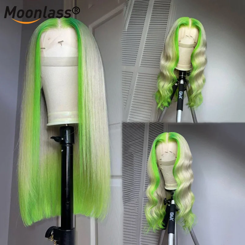 

30Inch 613 Colored Green Highlight Human Hair Wig Loose Wave Wig HD Transparent Lace Frontal Brazilian Virgin Human Hair Wigs