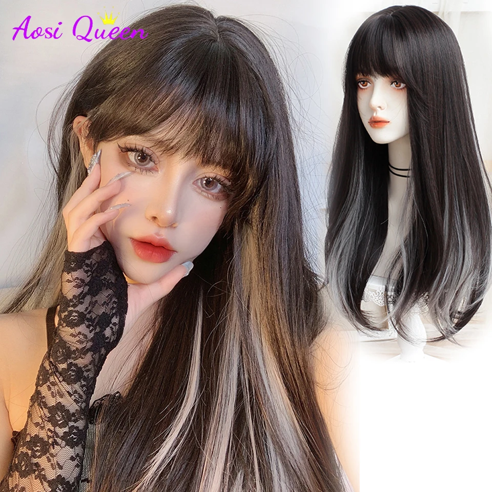 

AS Light black Light Grey Long Wavy Straight Hair Wig Cosplay Natural Heat Resistant Synthetic Wig for Women