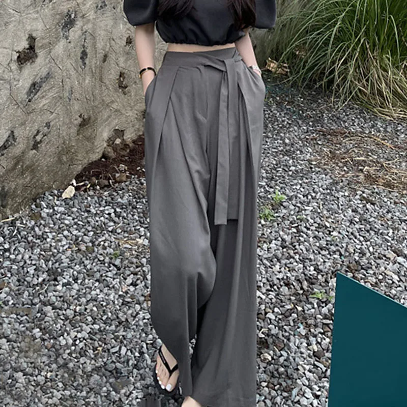 High Waist Pleates Solid Gray Women Pants Summer Vintage 2023 Bow Wide Leg Ankle Length Elegant Office Lady Clothing