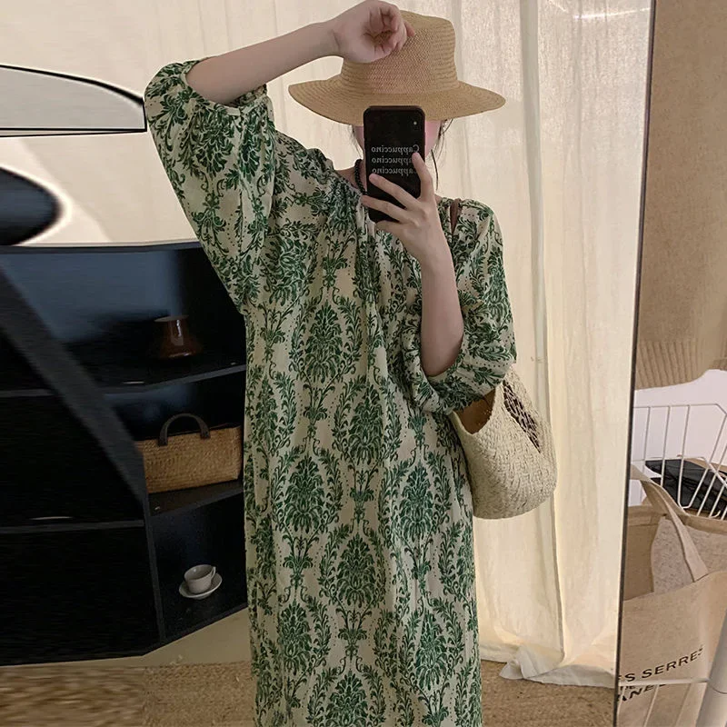 Женское платье с круглым вырезом Длинное свободное рукавами-фонариками и