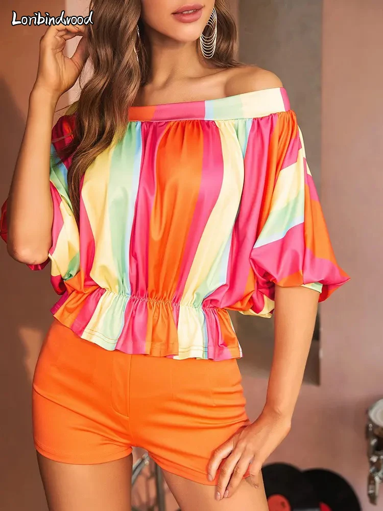 

2023 Blouses Off Shoulder Top Summer Women Slash Neck T-Shirts Boho Vacation Batwing Sleeve Print Crop Top Y2k Streetwear Shirt