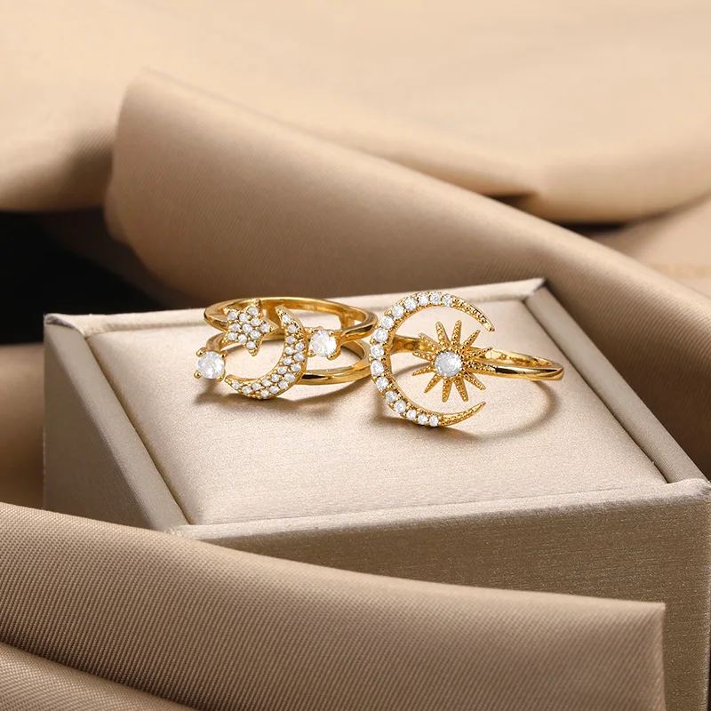 

Fine Zircon Star And Moon Rings For Women Open Adjustable Wedding Ring 2022 Fashion Design Finger Accessory Jewelry Party Gifts