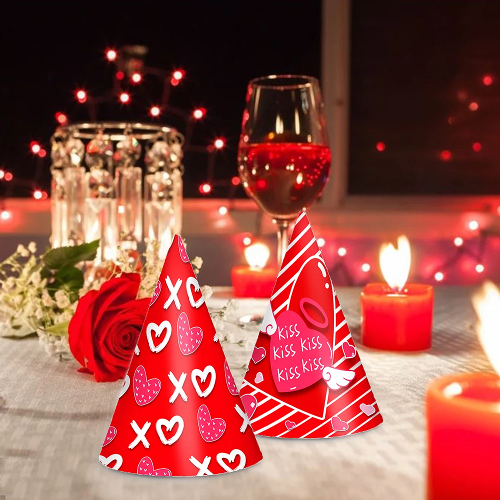 

8pcs Sweet Rose Valentine's Day Wedding LOVE Party Paper Hats Photobooth Props Happy Proposal Ceremony Birthday Party Supplies
