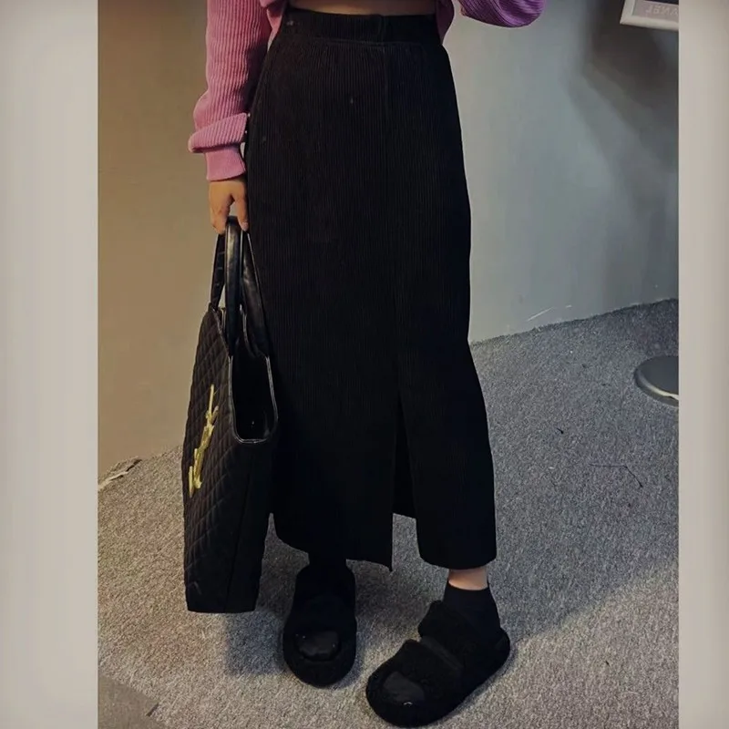 

2022 New Arrival Autumn Women Loose Casual A-line Split Design Mid-calf Skirt All-matched High Waist Cotton Corduroy Skirts P441
