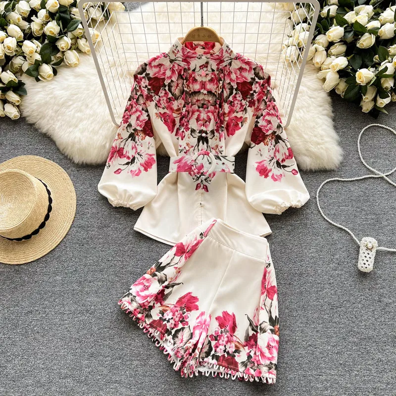 

Summer 2 Two Pieces Set Tracksuit Casual Outfit Suits Women Stand Collar Flower Print Shirt Blouse Tops Mini Shorts Pants Suits