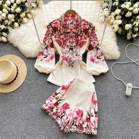summer 2 two pieces set tracksuit casual outfit suits women stand collar flower print shirt blouse tops mini shorts pants suits