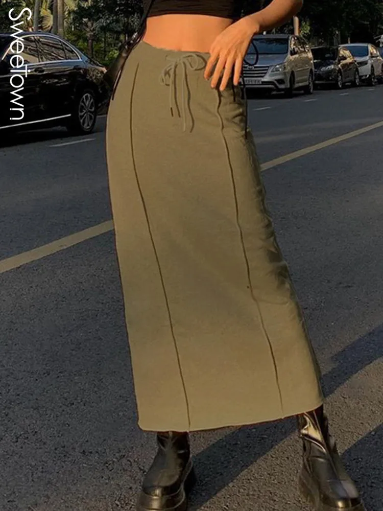 

Sweetown Stitching Drawstring High Waist Bodyshape Midi Skirts Womens Vintage Aesthetic Solid Slim Casual Preppy Skirt Y2K