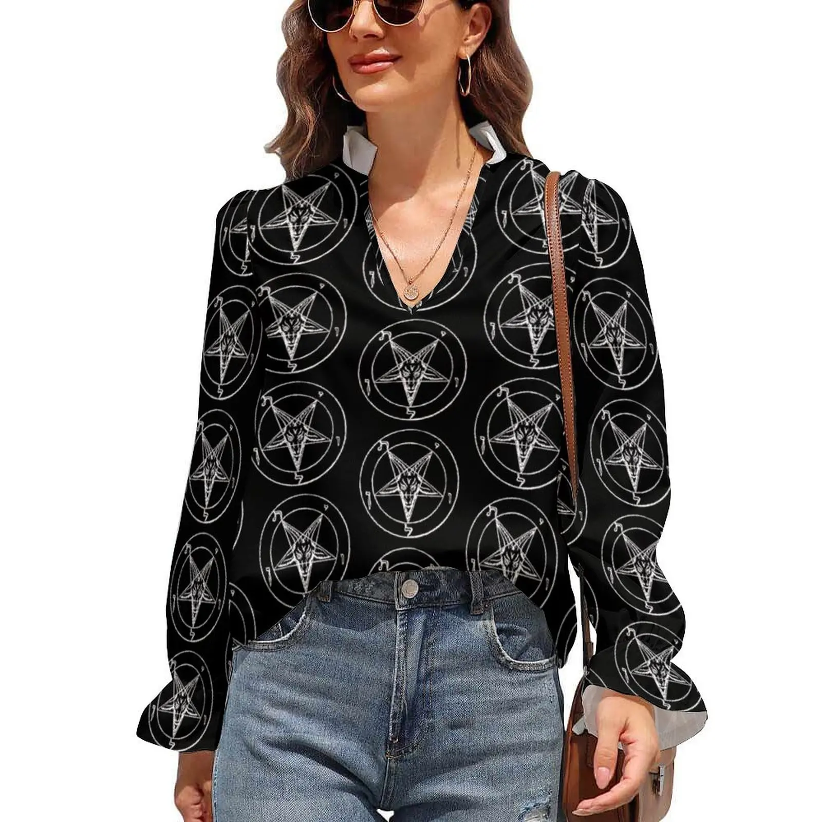 

Baphomet Blouse Sacred Puff Sleeve Lady Retro Long Sleeve Shirt Evening Harajuku Shirts