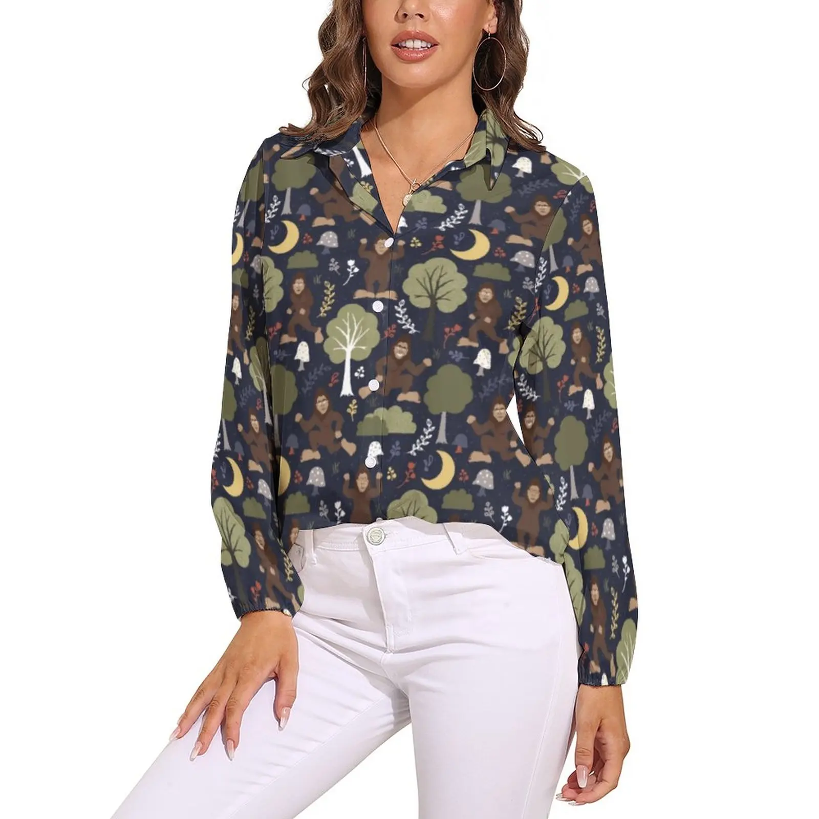 

Midnight Forest Print Blouse Woman Bigfoots Adventure Casual Loose Blouses Long Sleeve Modern Shirts Custom Top Big Size