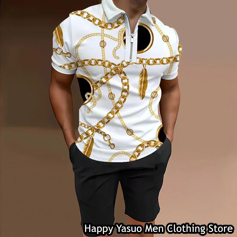 Summer Men Fashion Polo Shirt Set Man Turn Down Collar 3D Printed Solid Color Outfit Male 2 Pieces Tracksuit  Casual Clothing