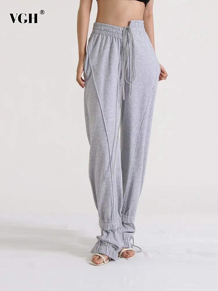 

VGH Spliced Drawstring Irregular Trousers For Women High Waist Slim Hollow Out Solid Casual Trouser Female Fashion Clothing New