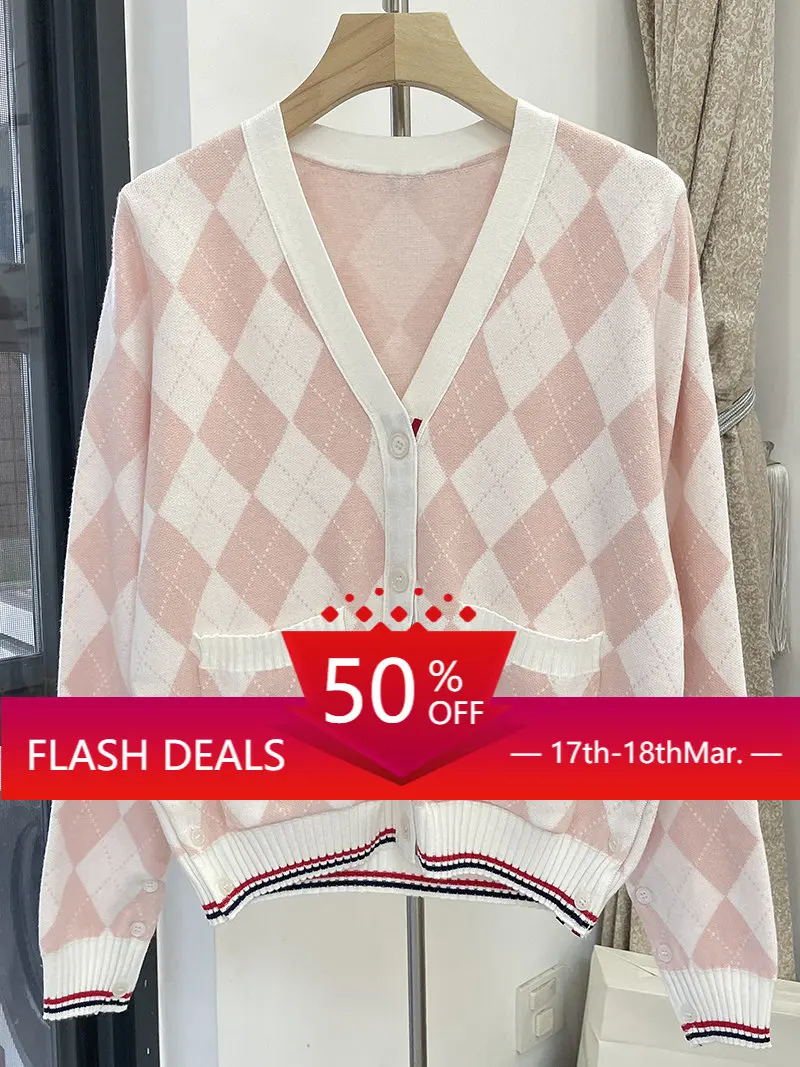

TB Pink and Tender Plaid with Foreign Wool Sweater Women's All-match Cardigan V-neck Pink Sweater Sweater British Trend