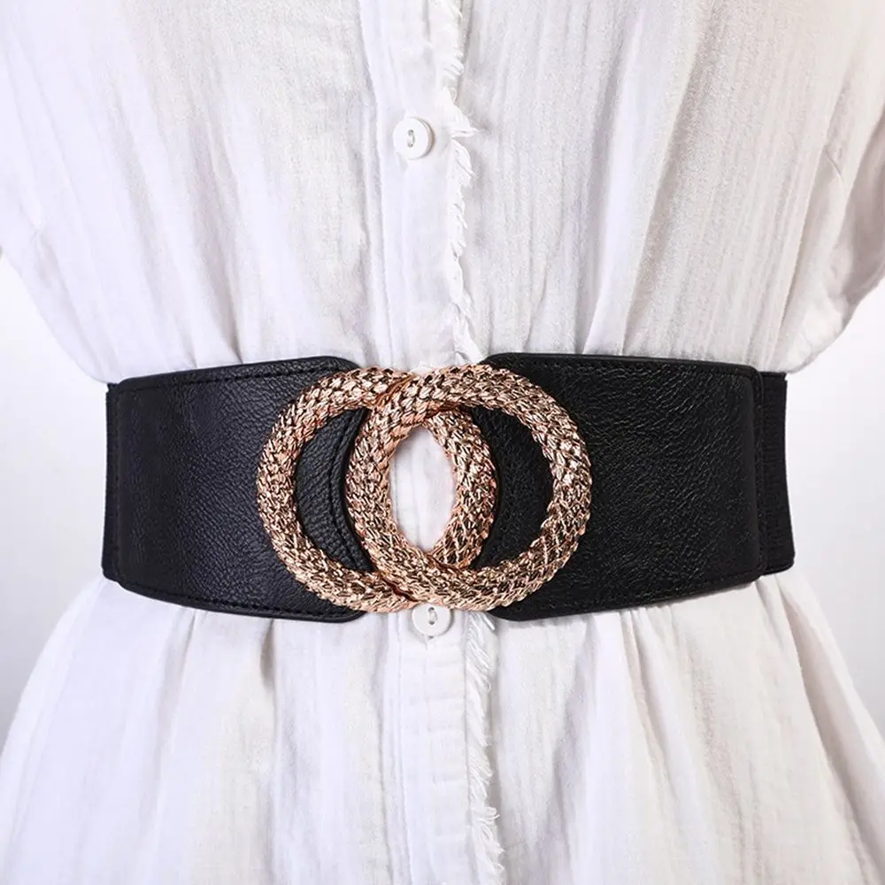 

Metal Round Buckle Slimming Body Corset Wide Waistband Elastic Waist Strap Skirt Decorations PU Leather Cummerbund
