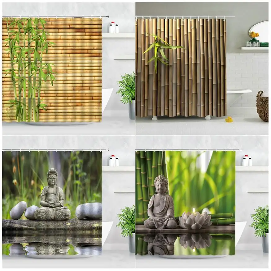 

Zen Green Bamboo Buddha Shower Curtain Landscape Candle Stone Lotu Plant Garden Scenery Waterproof Bathroom Curtains Screen Home