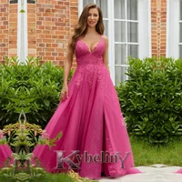 kybeliny 2022 fuchsia laceup slit evening dresses aline bow prom robe de soiree graduation celebrity vestido fiesta women formal