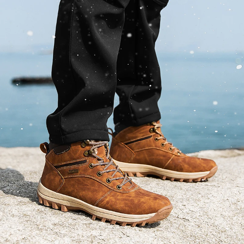 HIKEUP High-top Padded Hiking Boots for Men Outdoor Cotton Shoes Men Women Snow Boots Non-slip Rubber-Sole Trekking High Quality